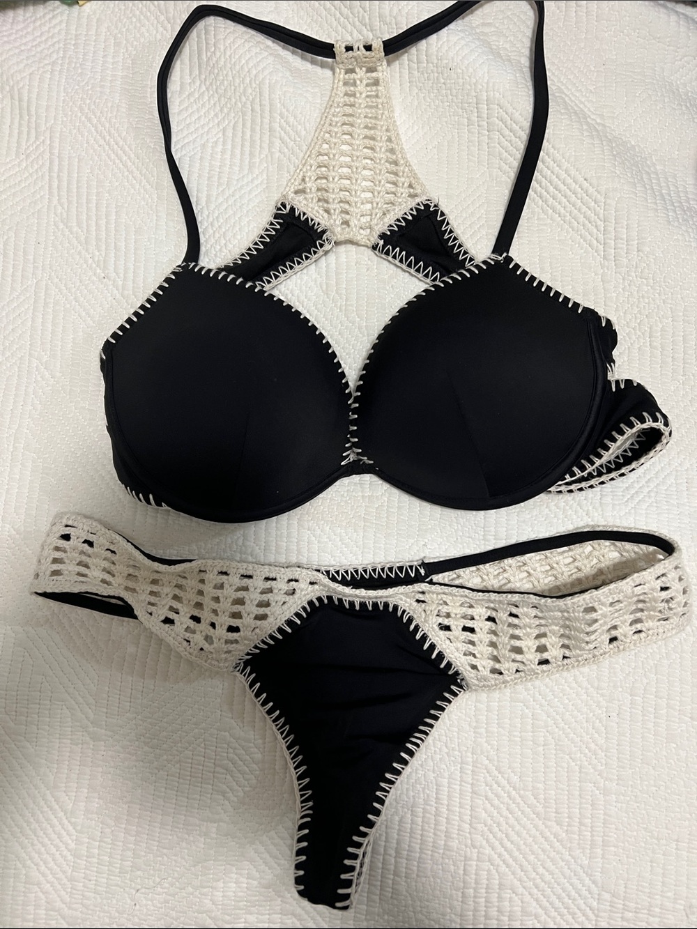 Victoria's Secret Black Thong Bombshell Bikini with Cream Crochet Trim